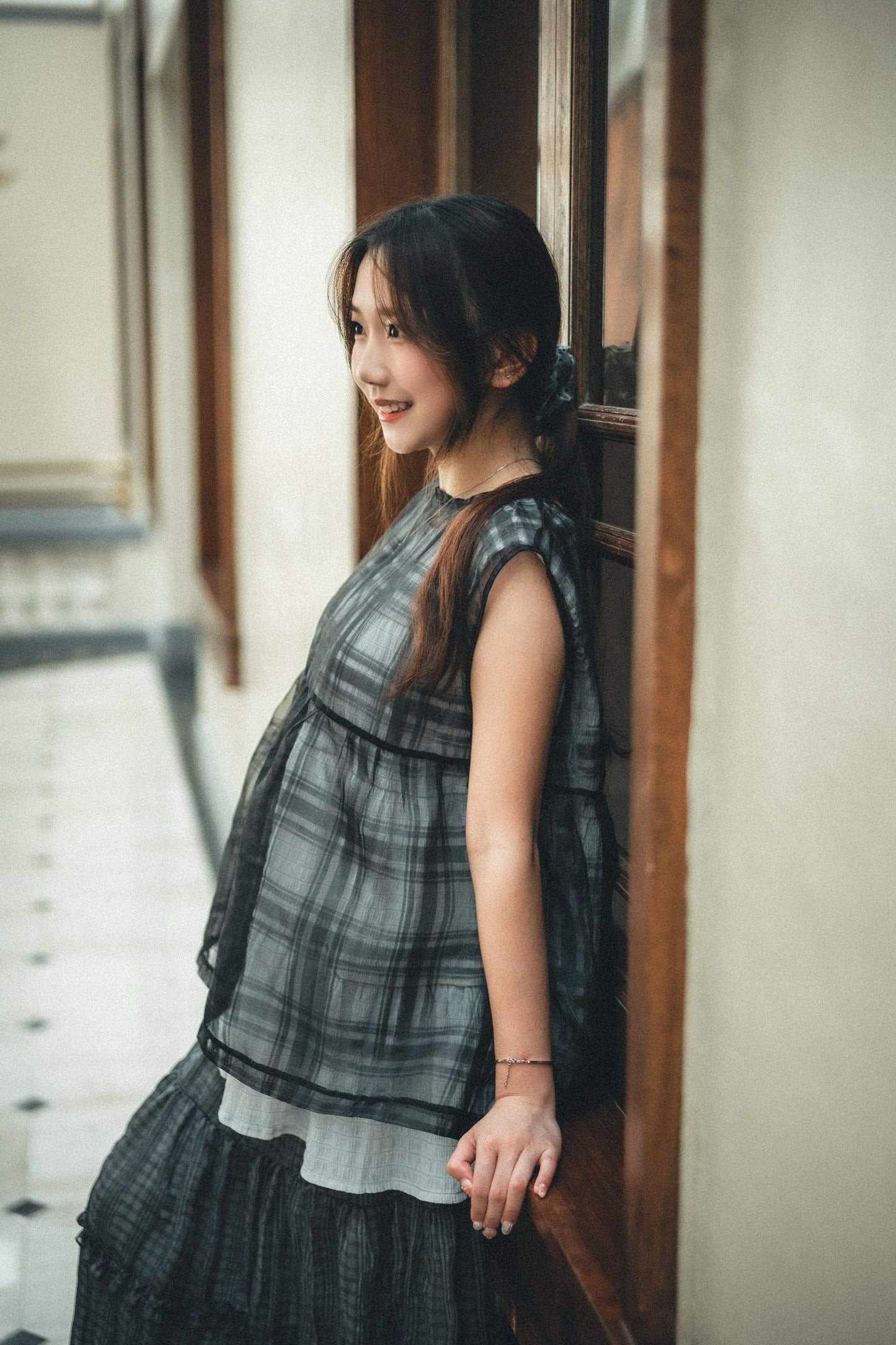 透紗珠光大格子紋背心layer|3色入