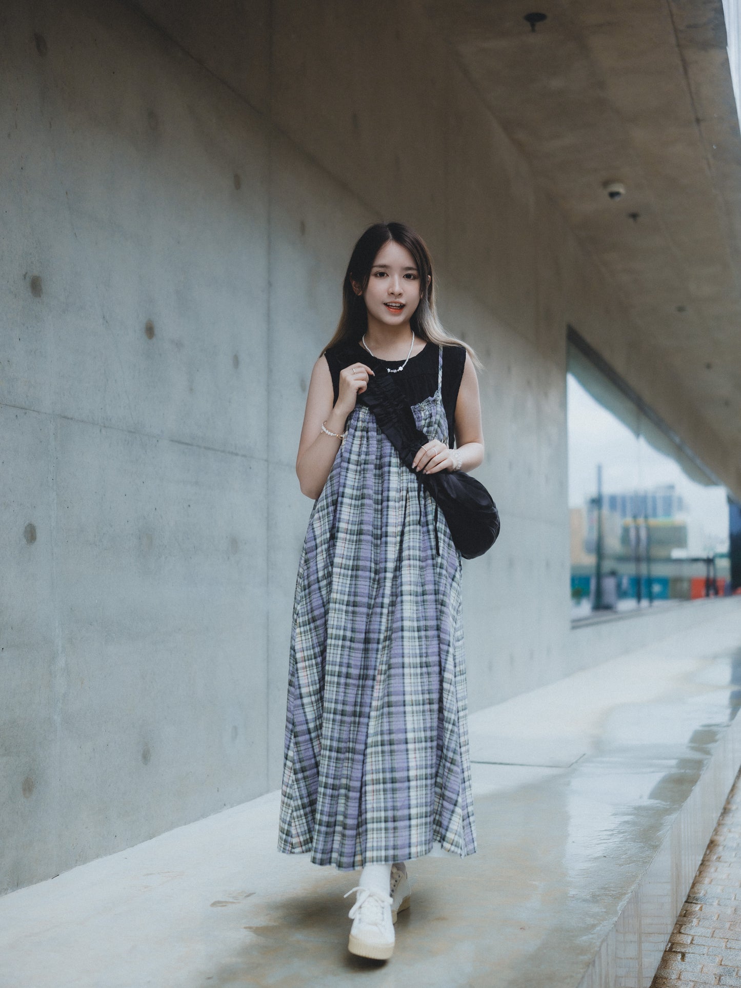 日系雜混色格紋吊帶OPS|2色入