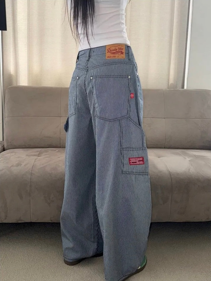 直條子工裝闊腳牛仔氣球褲|1色入