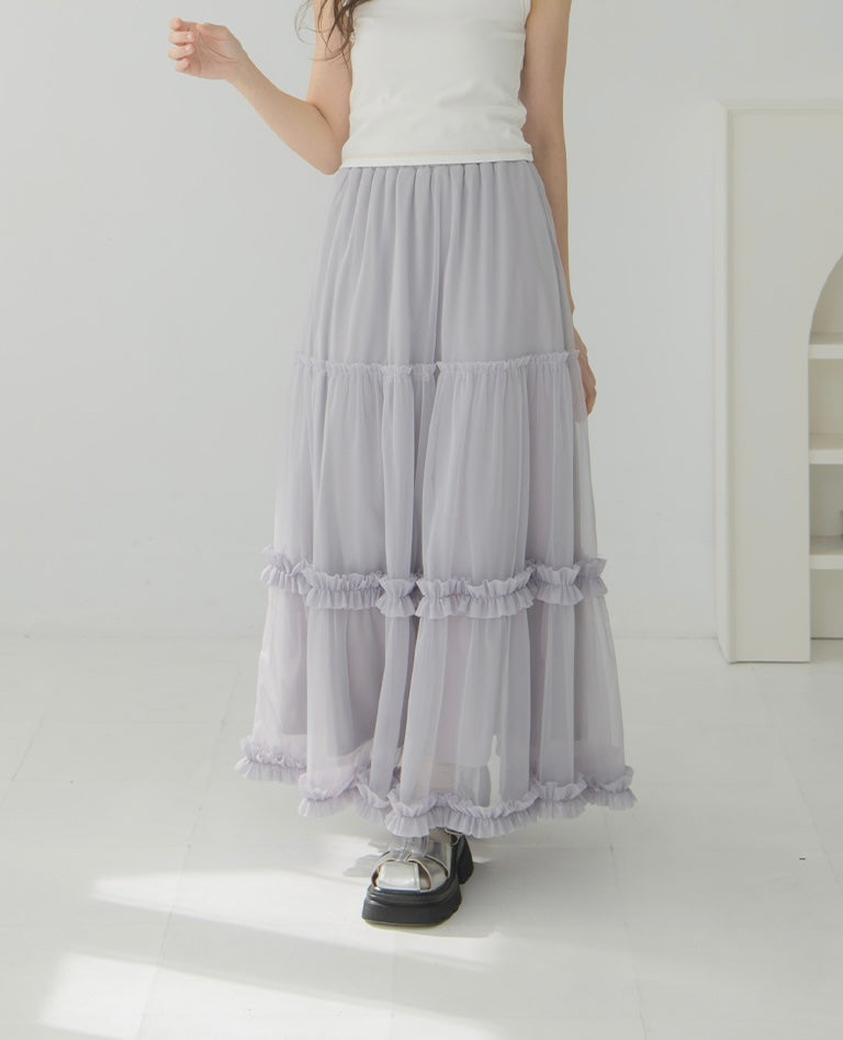 荷葉蛋糕傘襬網紗長裙|2色入