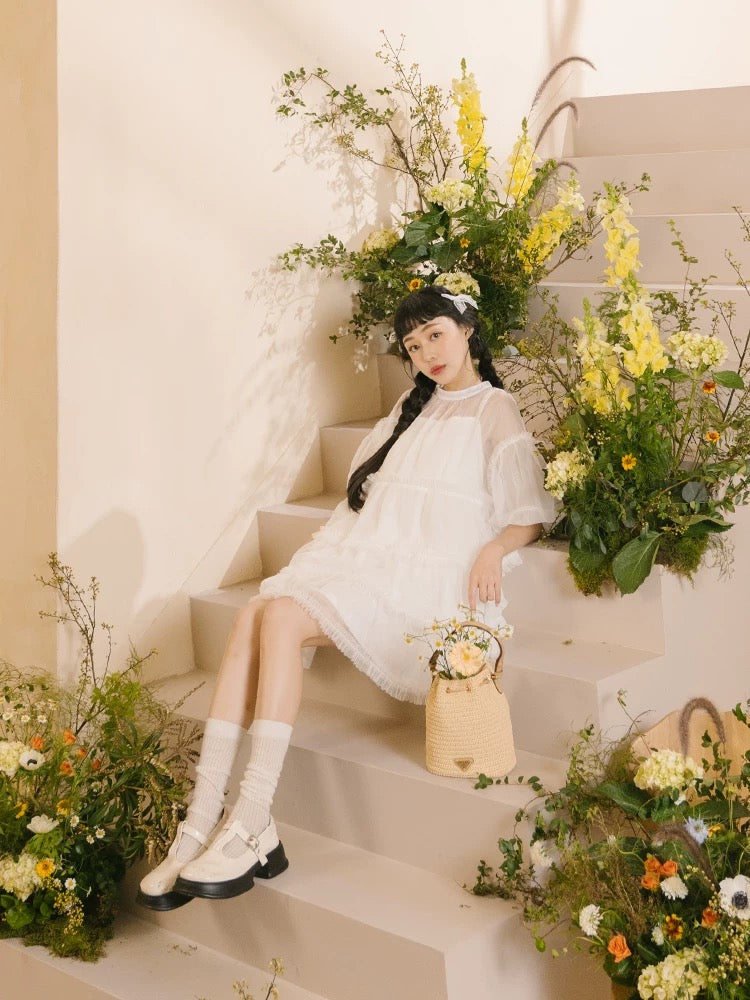 靚重工✨ 澎袖透紗蛋糕娃娃裙罩衫|2色入