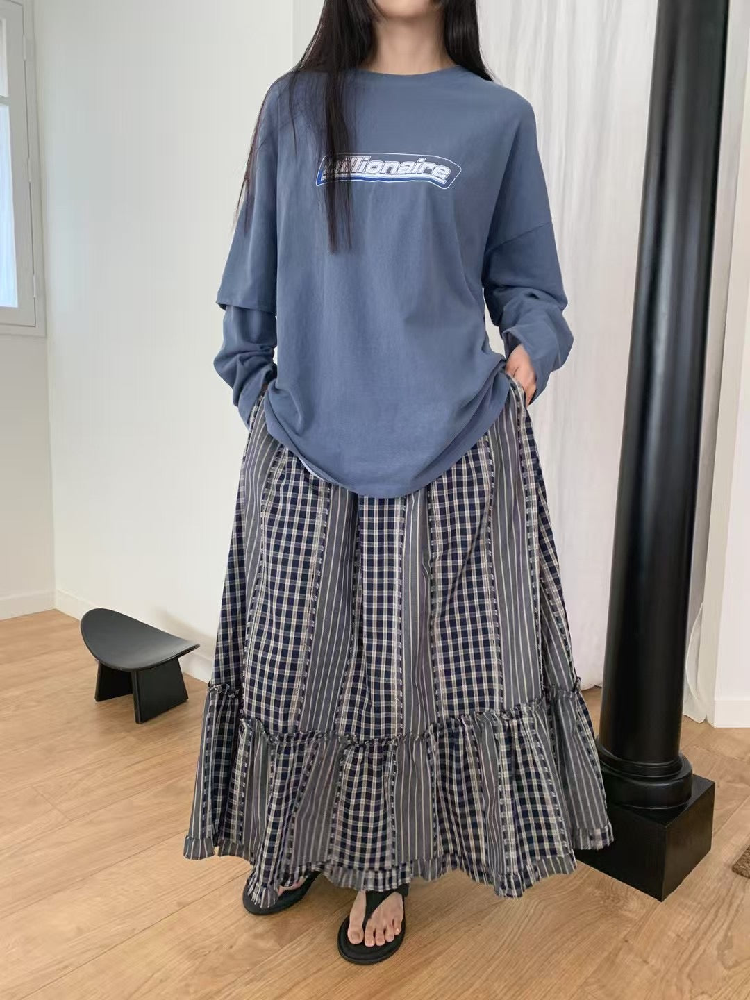 特別!條子拼格格紋sk|2色入