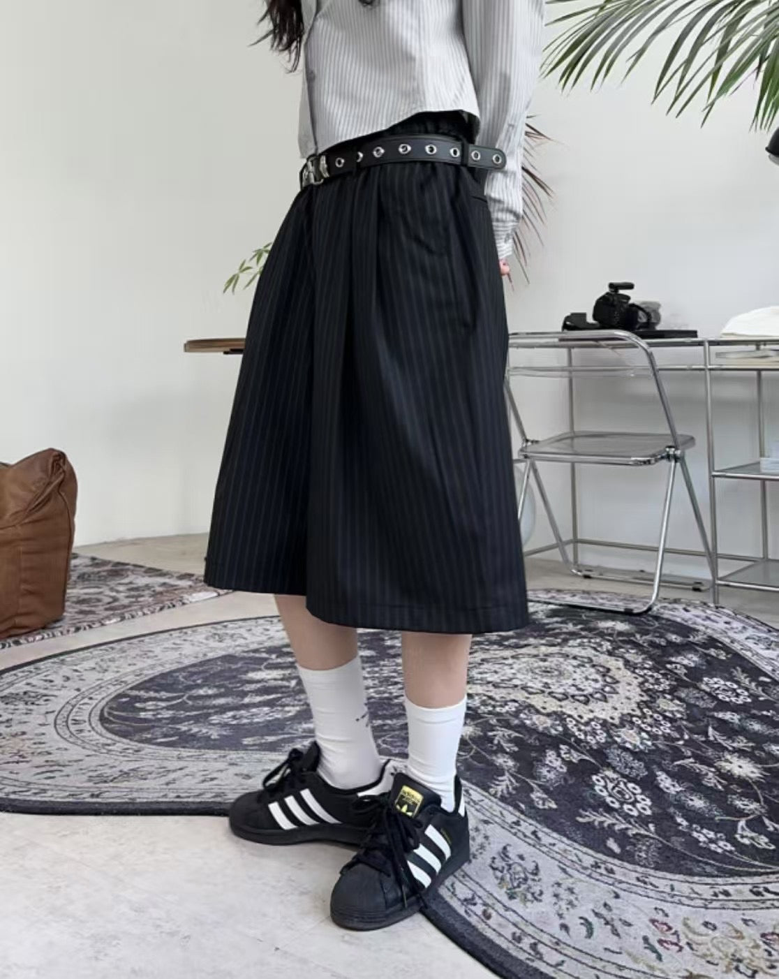 直條子六分西裝褲(連皮帶)|2色入