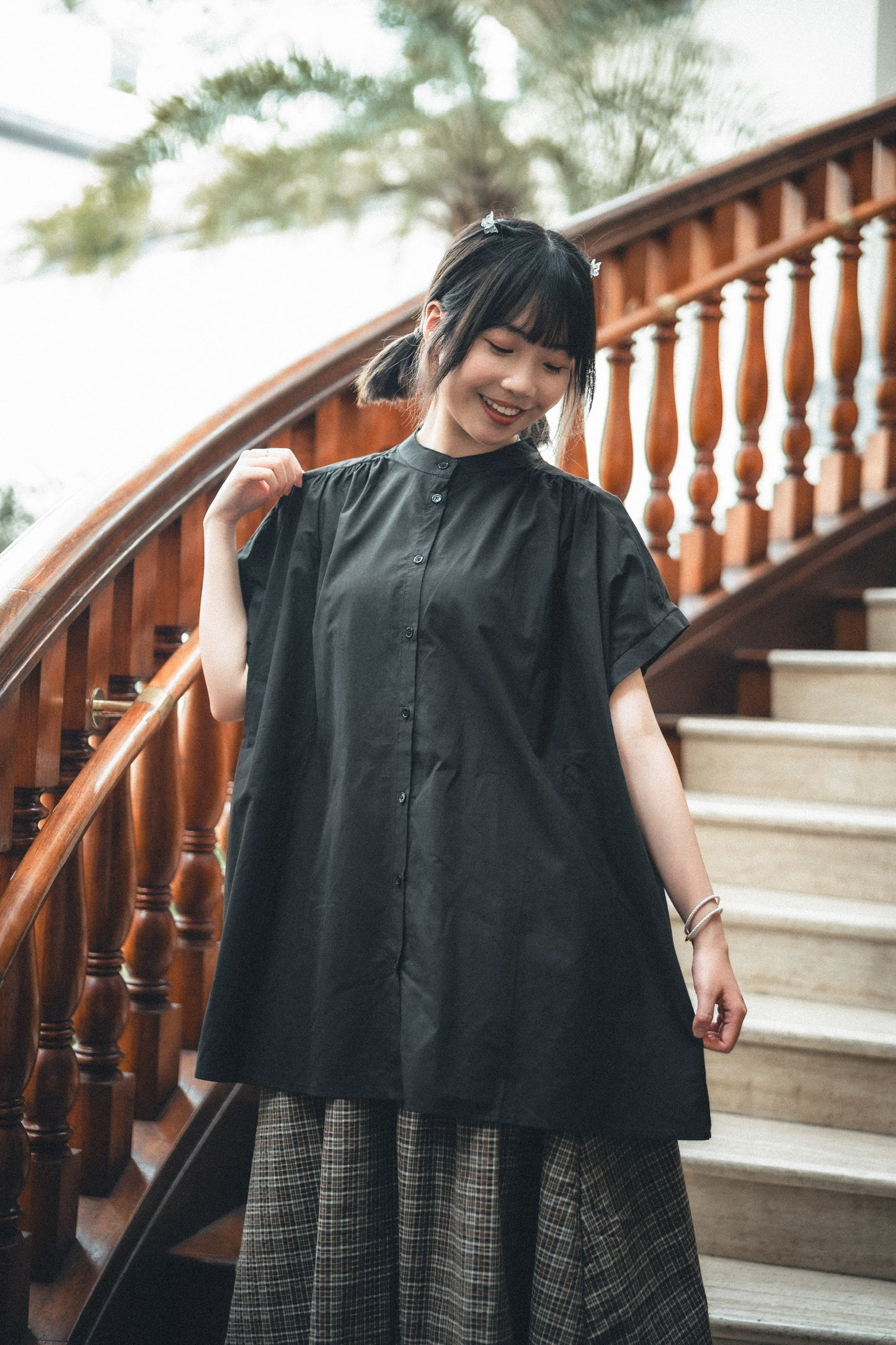 小飛袖鈕扣中長襯衫|2色入