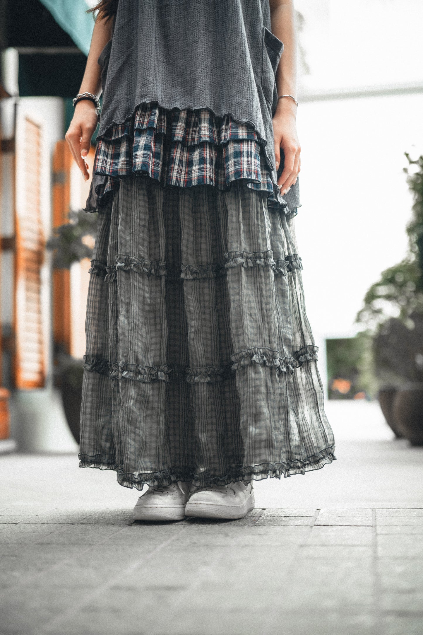 透紗格紋RUFFLE邊半身裙|3色入