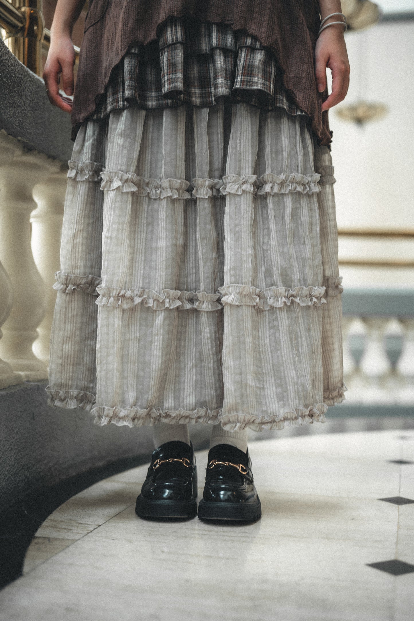 透紗格紋RUFFLE邊半身裙|3色入