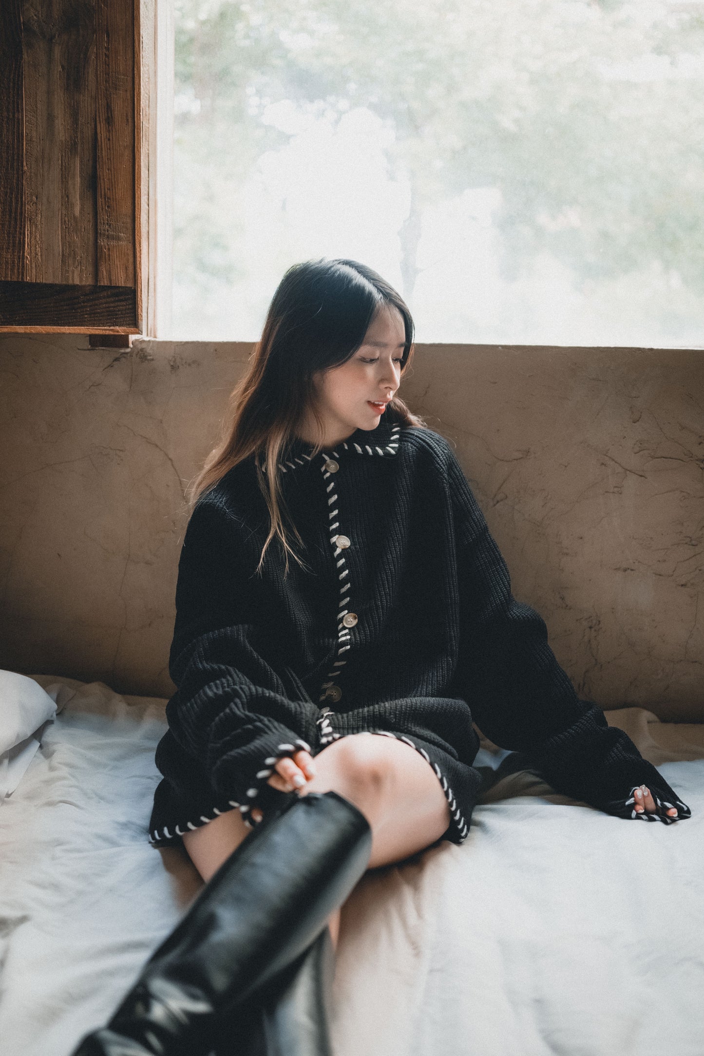 白色粗車線反領針織外套|2色入