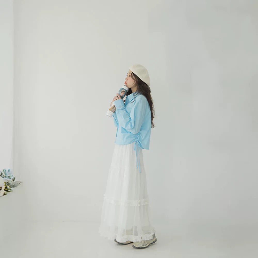 荷葉蛋糕傘襬網紗長裙|2色入