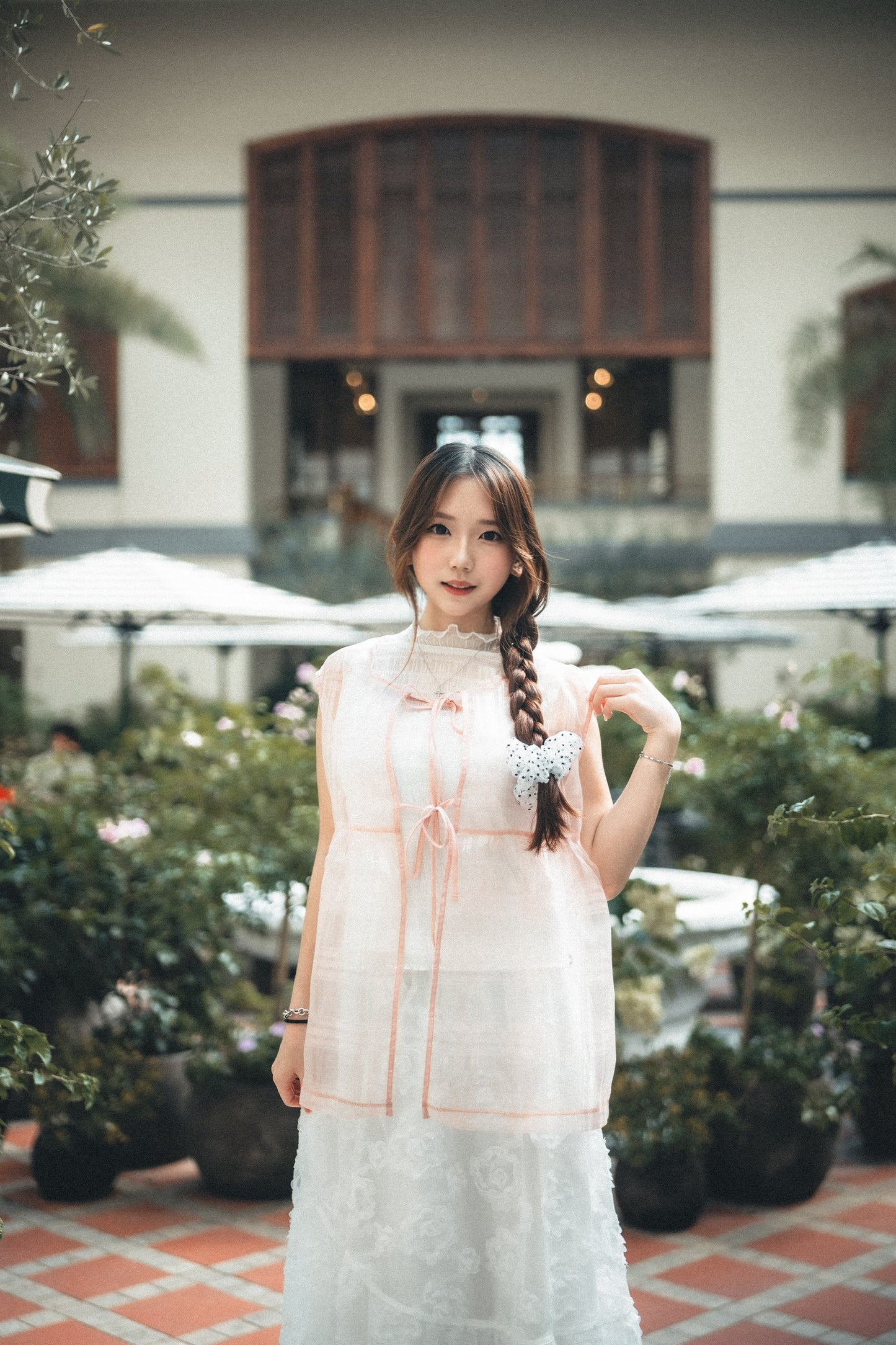 透紗珠光大格子紋背心layer|3色入