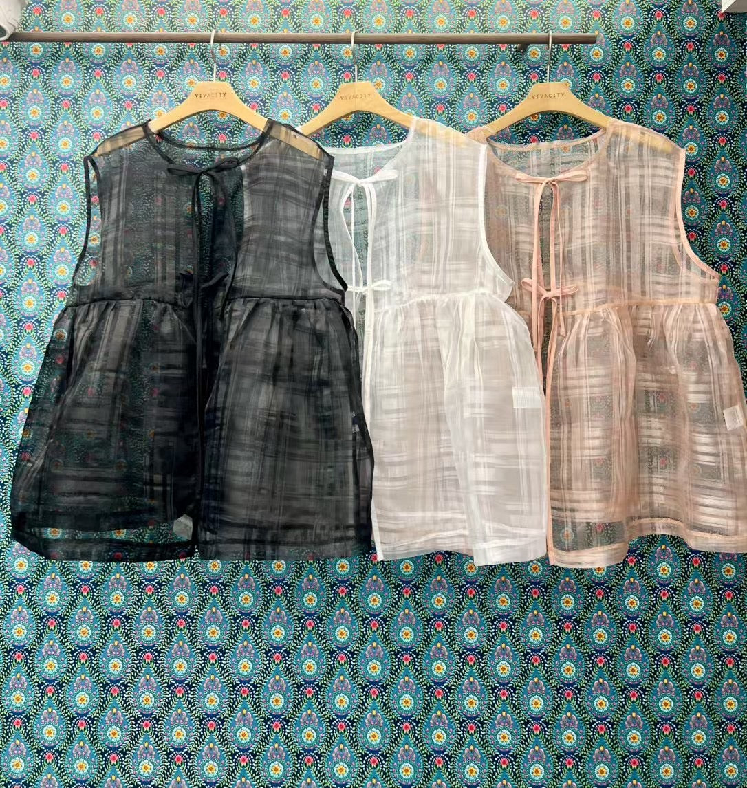 透紗珠光大格子紋背心layer|3色入