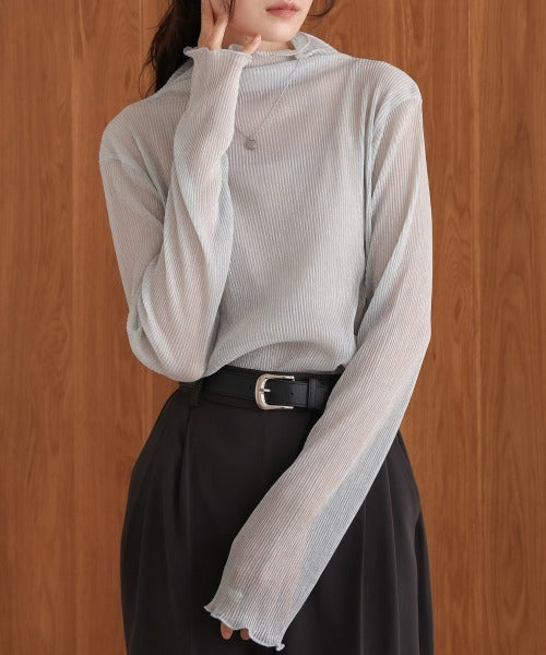 JP透明感🫧 細閃褶間透透高領上衣|2色入