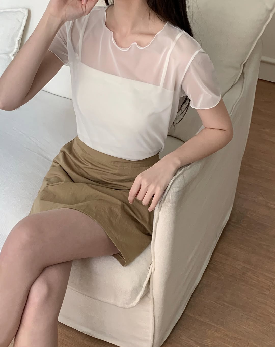 透膚捲邊上衣連內搭背心set|3色入