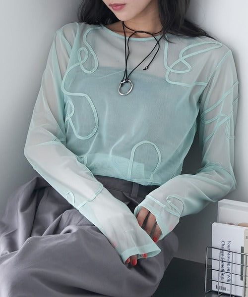 jp🇯🇵 立體線條刺繡透明長袖top|8色入