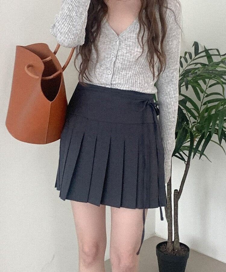 蝴蝶綁繩腰帶百褶短裙|2色入