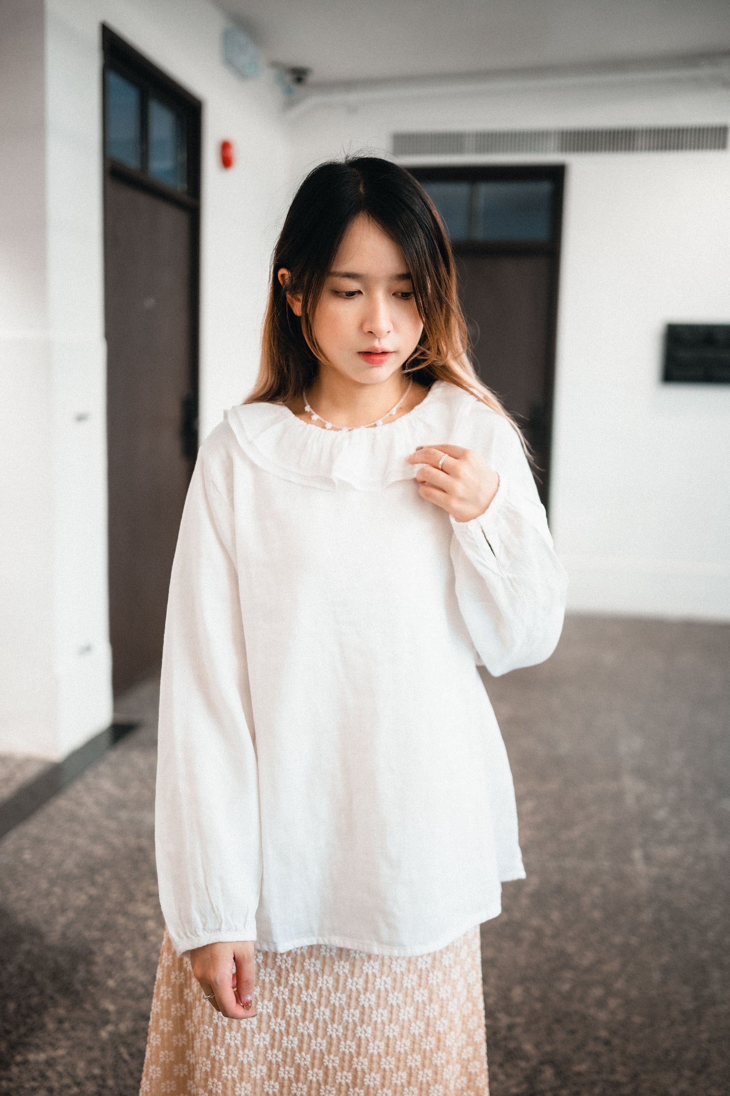 雙層圓花領長袖襯衫|2色入