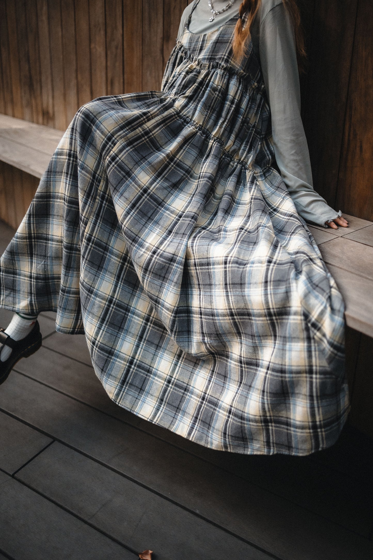 格子斜Ruffle吊帶OPS|2色入