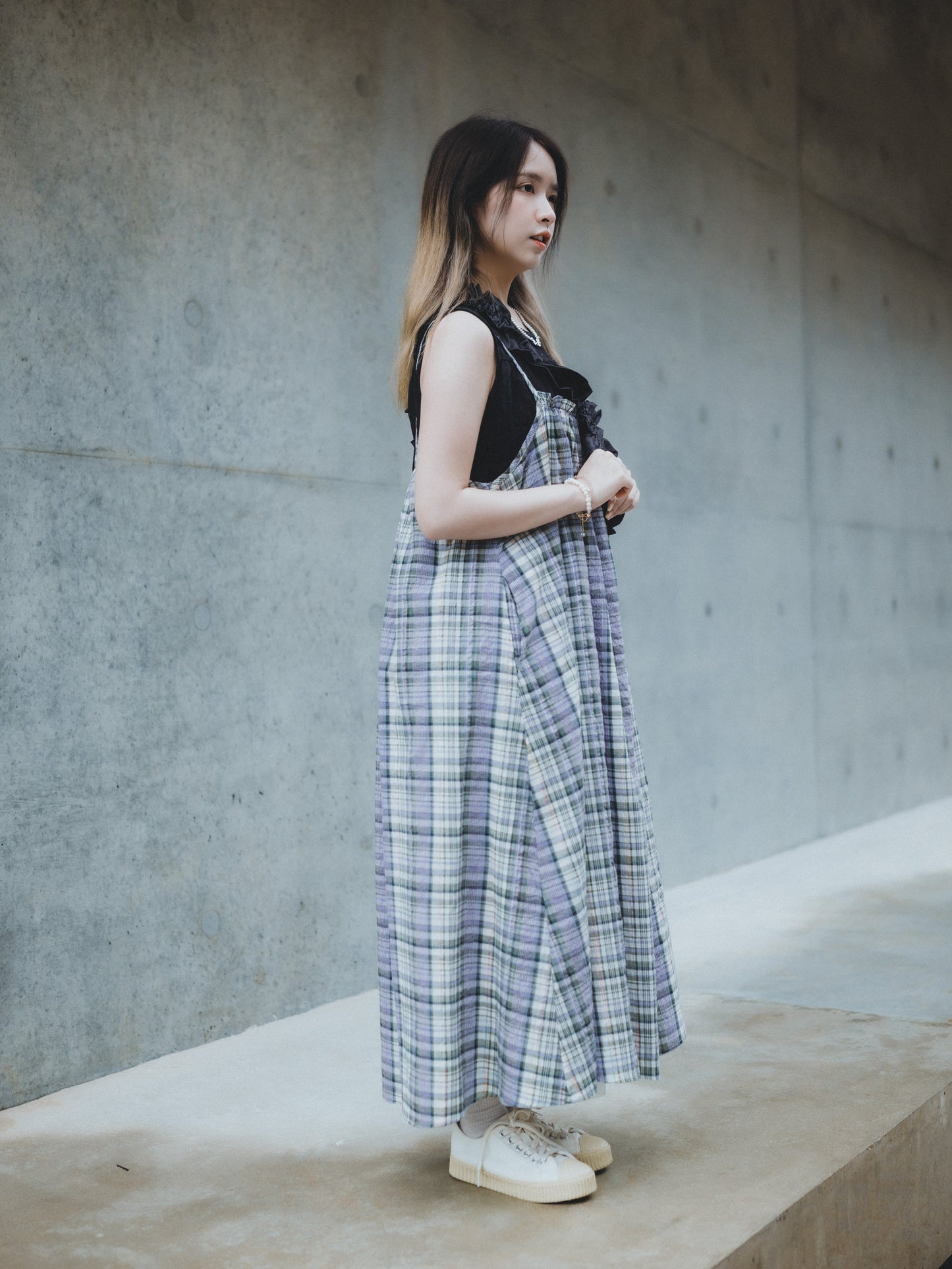 日系雜混色格紋吊帶OPS|2色入