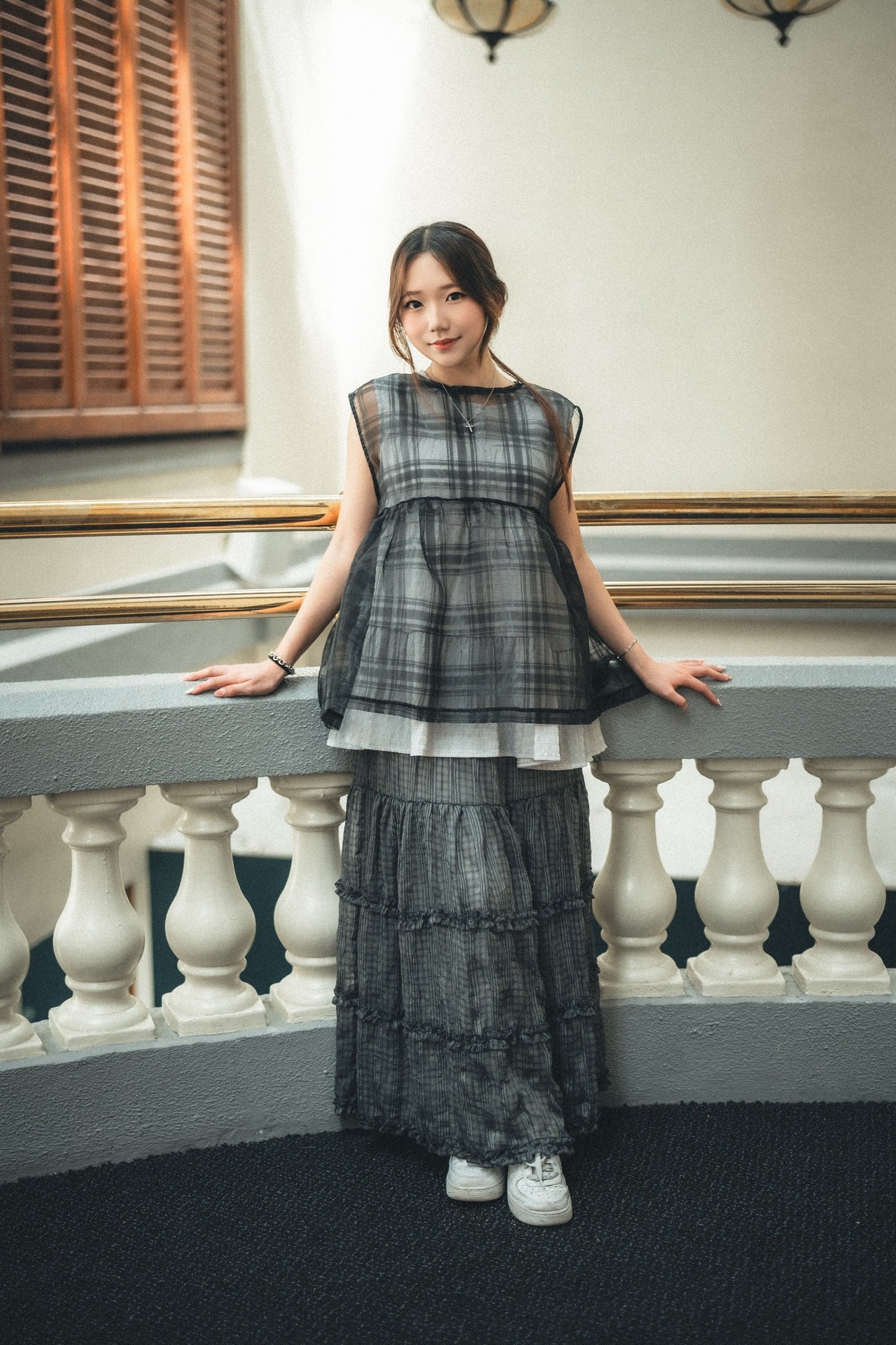 透紗珠光大格子紋背心layer|3色入