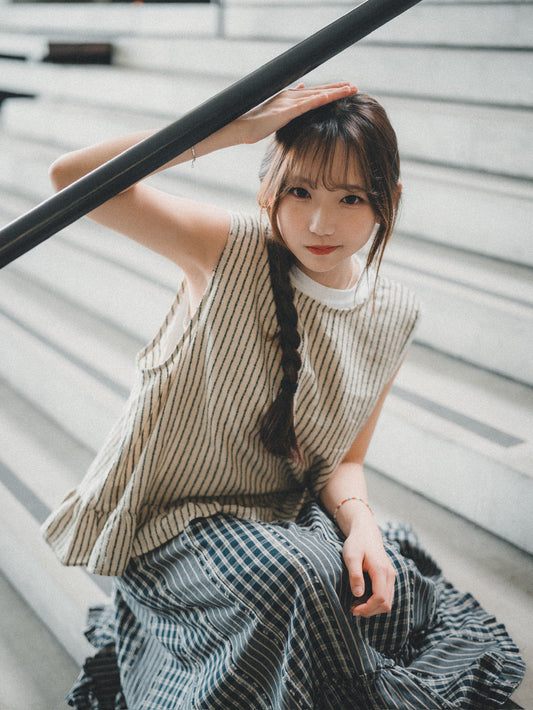 無印風 · 麻質2WAY直紋綁帶背心外搭|2色入