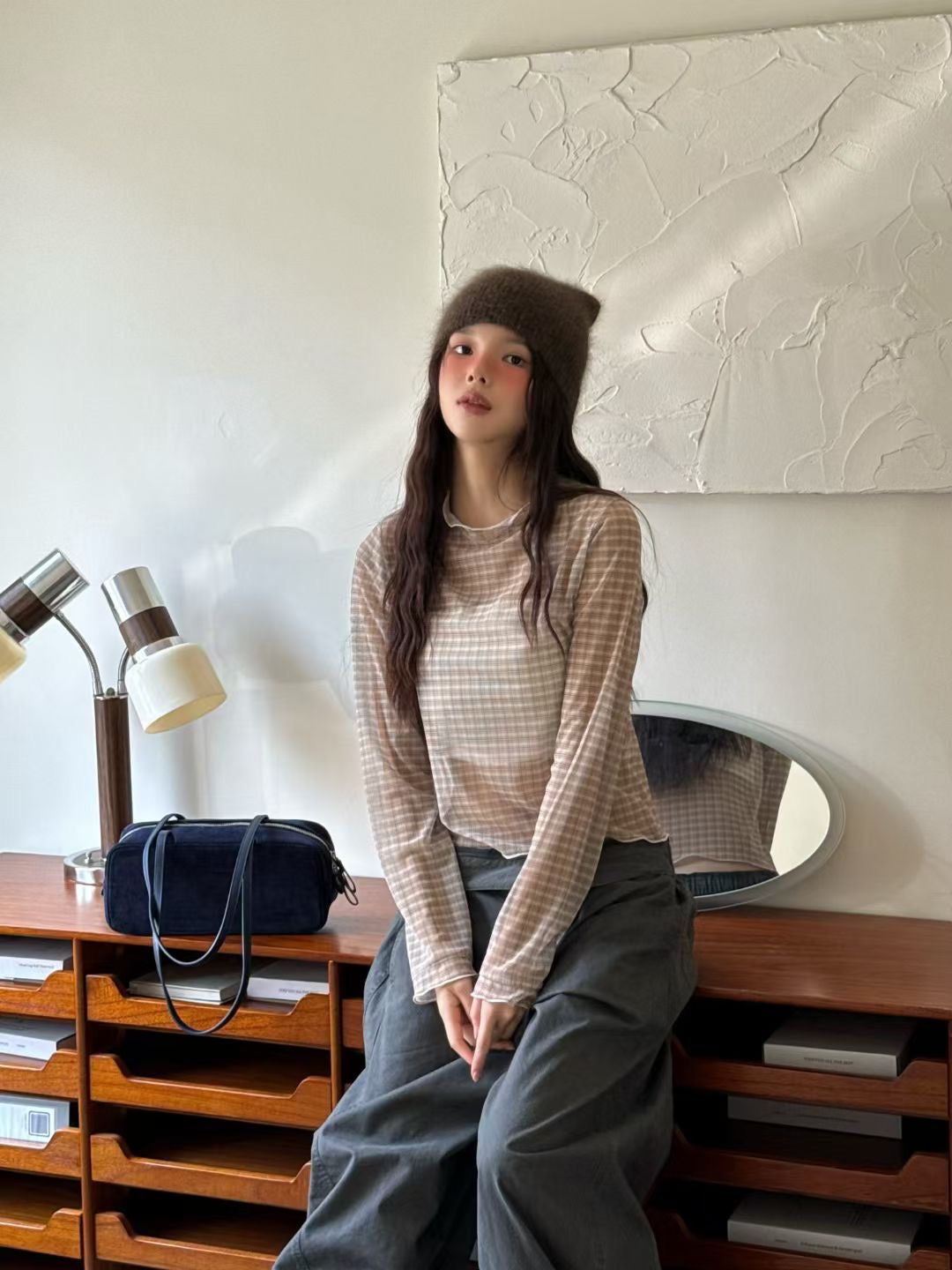 透膚格紋合身花邊top|4色入