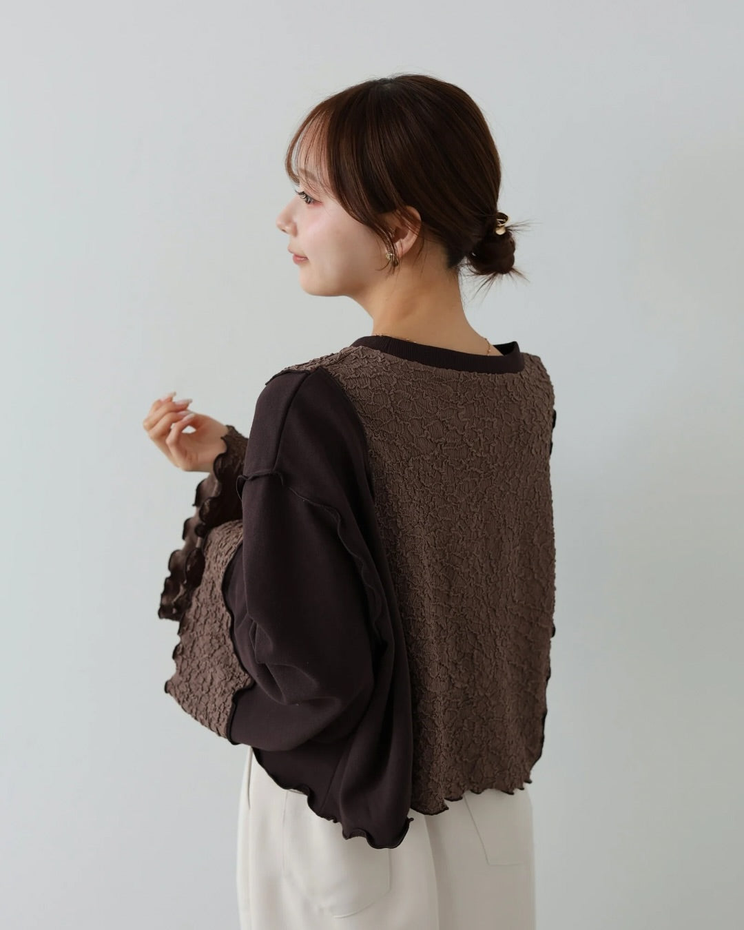 雙拼布料捲捲邊Crop Tee|3色入