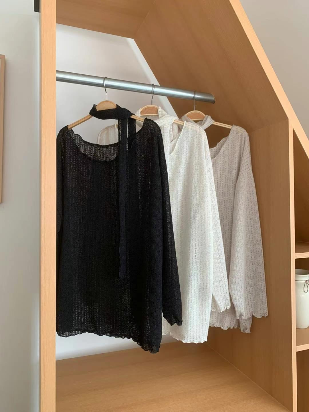 LOOSE FIT薄針織上衣 連圍巾set|3色入