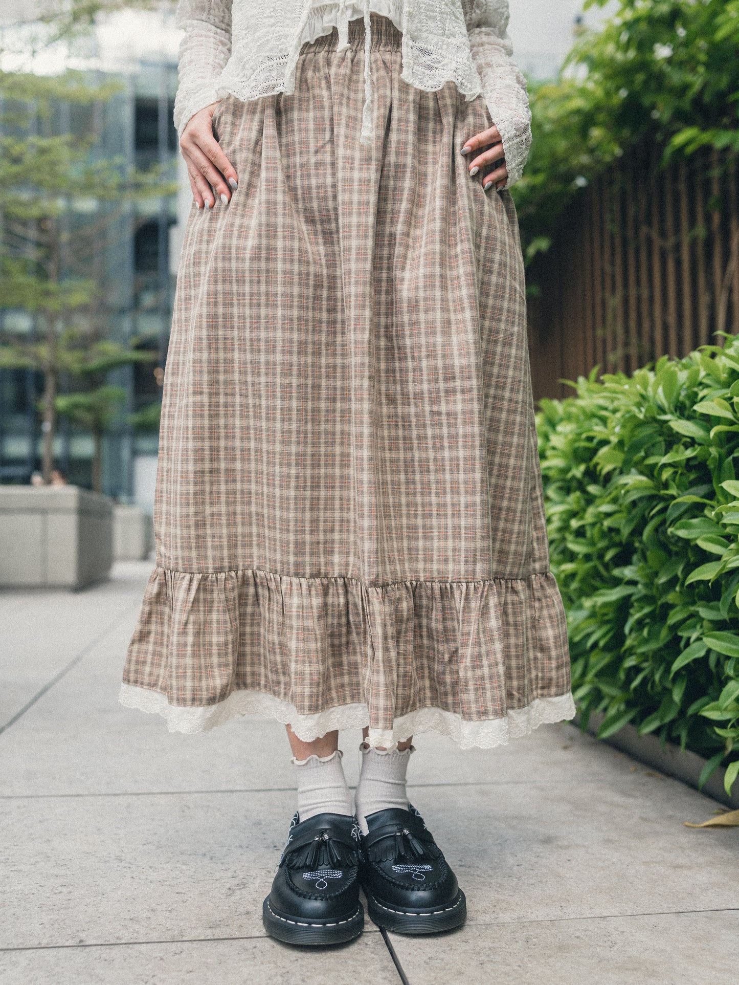 森系格子蝴蝶壓花蕾絲邊半身裙|2