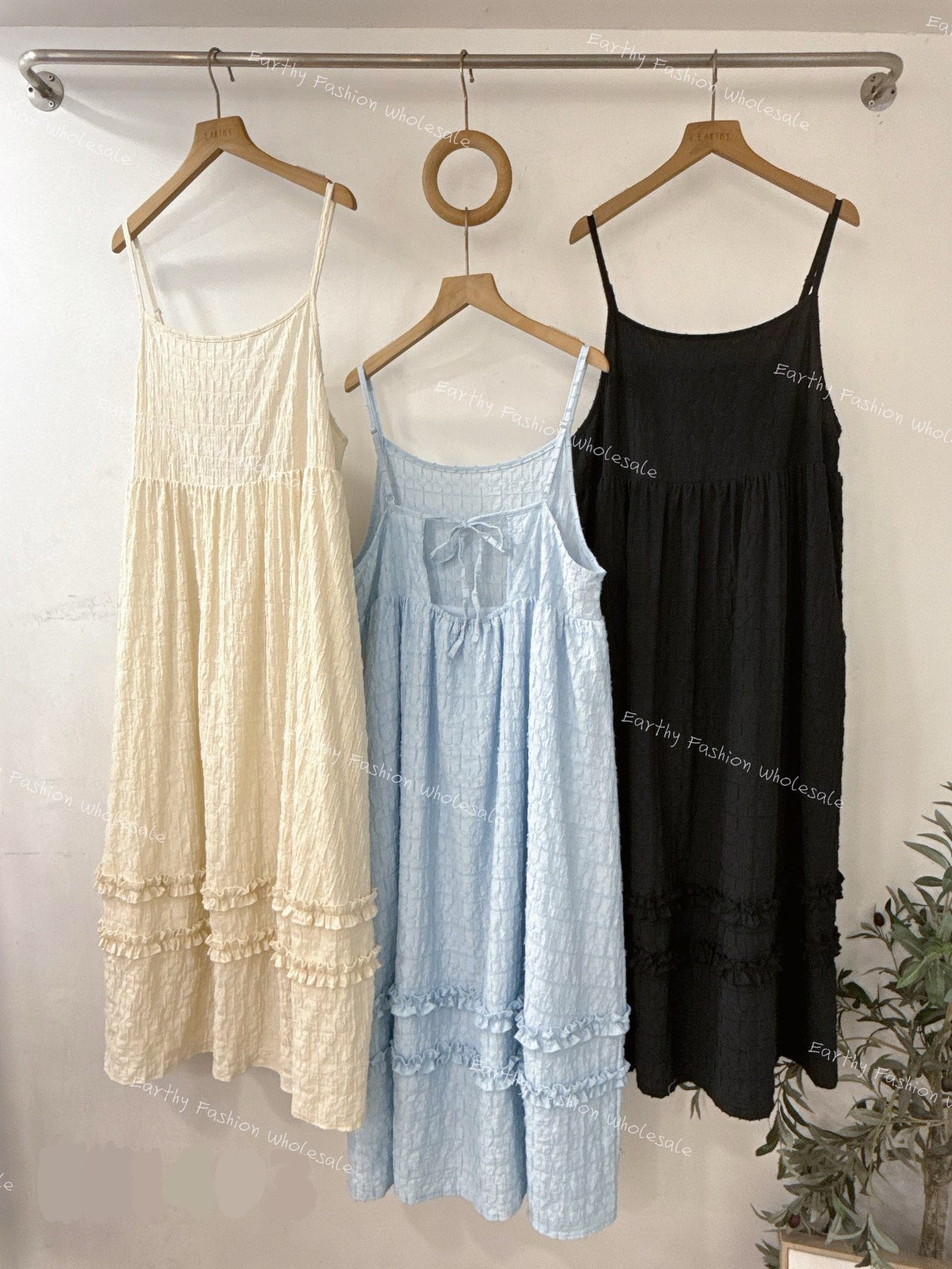 背綁帶壓格紋兩重Ruffle OPS|3色入