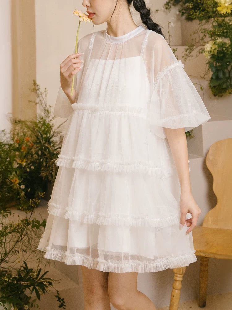 靚重工✨ 澎袖透紗蛋糕娃娃裙罩衫|2色入
