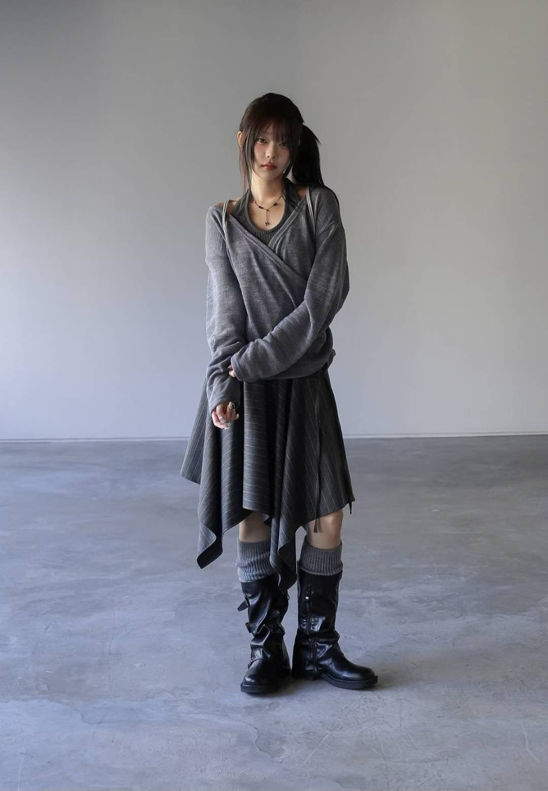 條紋不對稱疊層半裙|3色入