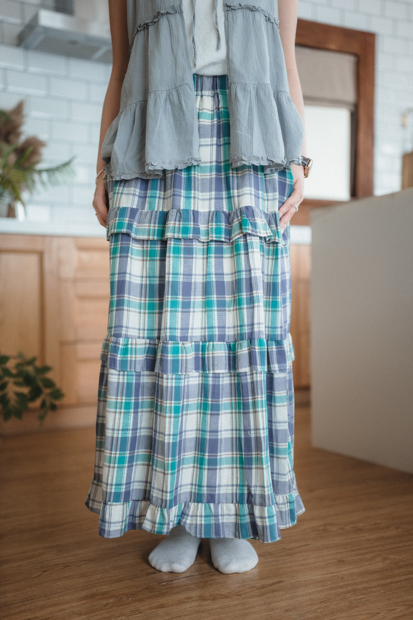 日系格子Ruffle邊大裙襬傘裙|2色入