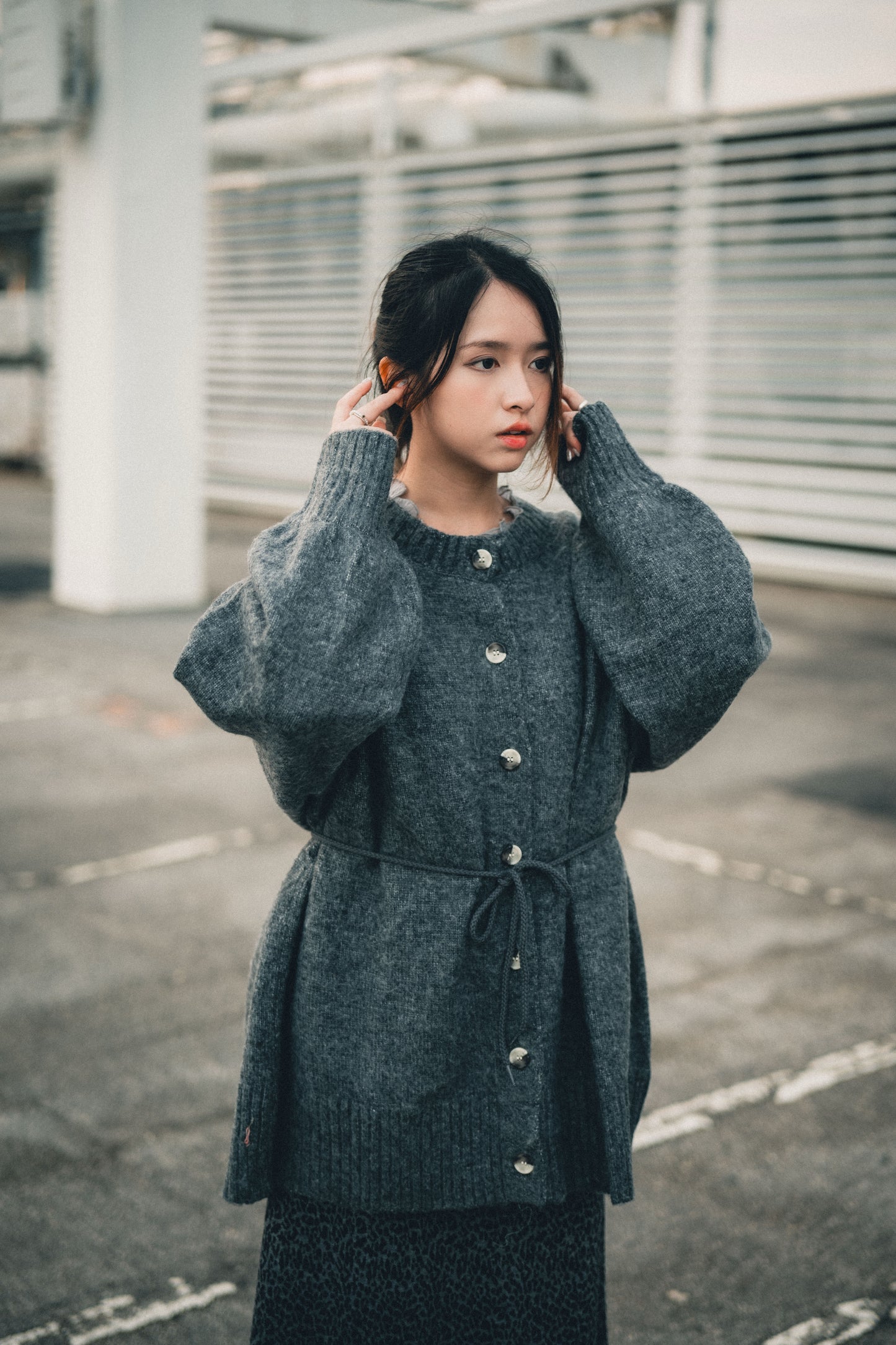 馬海毛觸感針織開襟衫搭配腰帶|5色入