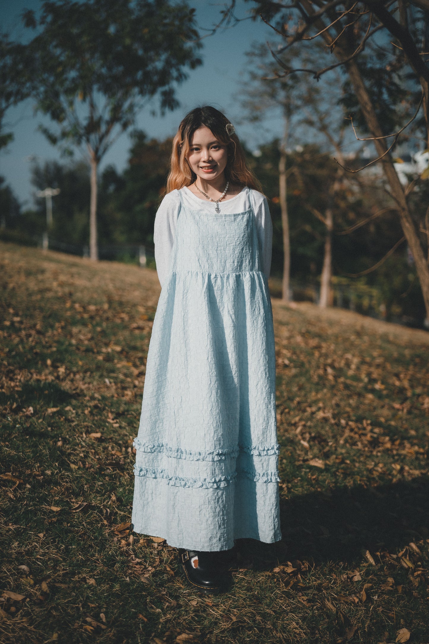 背綁帶壓格紋兩重Ruffle OPS|3色入