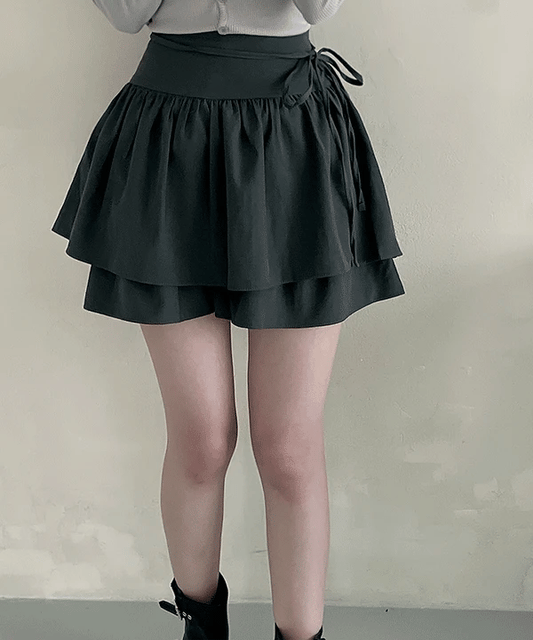 側綁蝴蝶結雙層荷葉短裙|3色入