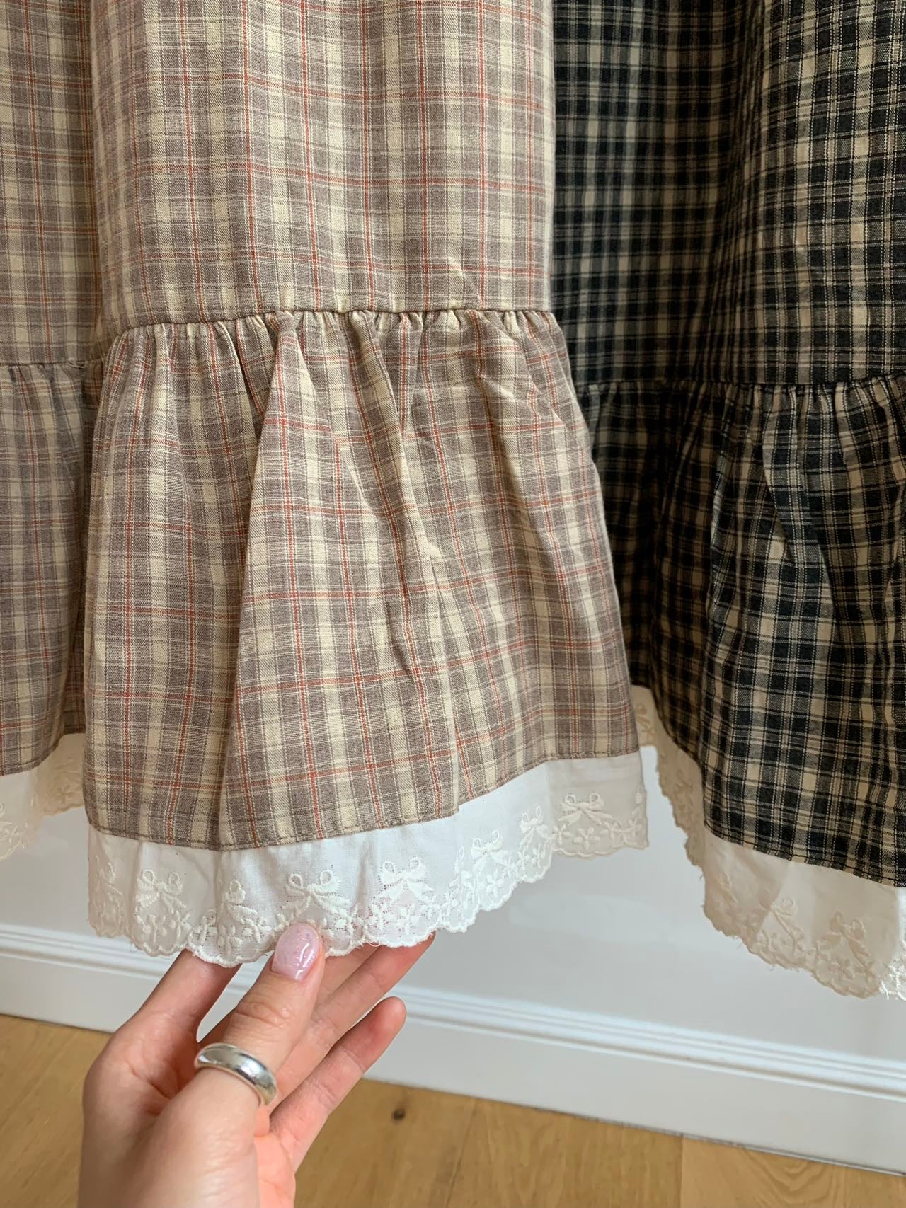 森系格子蝴蝶壓花蕾絲邊半身裙|2