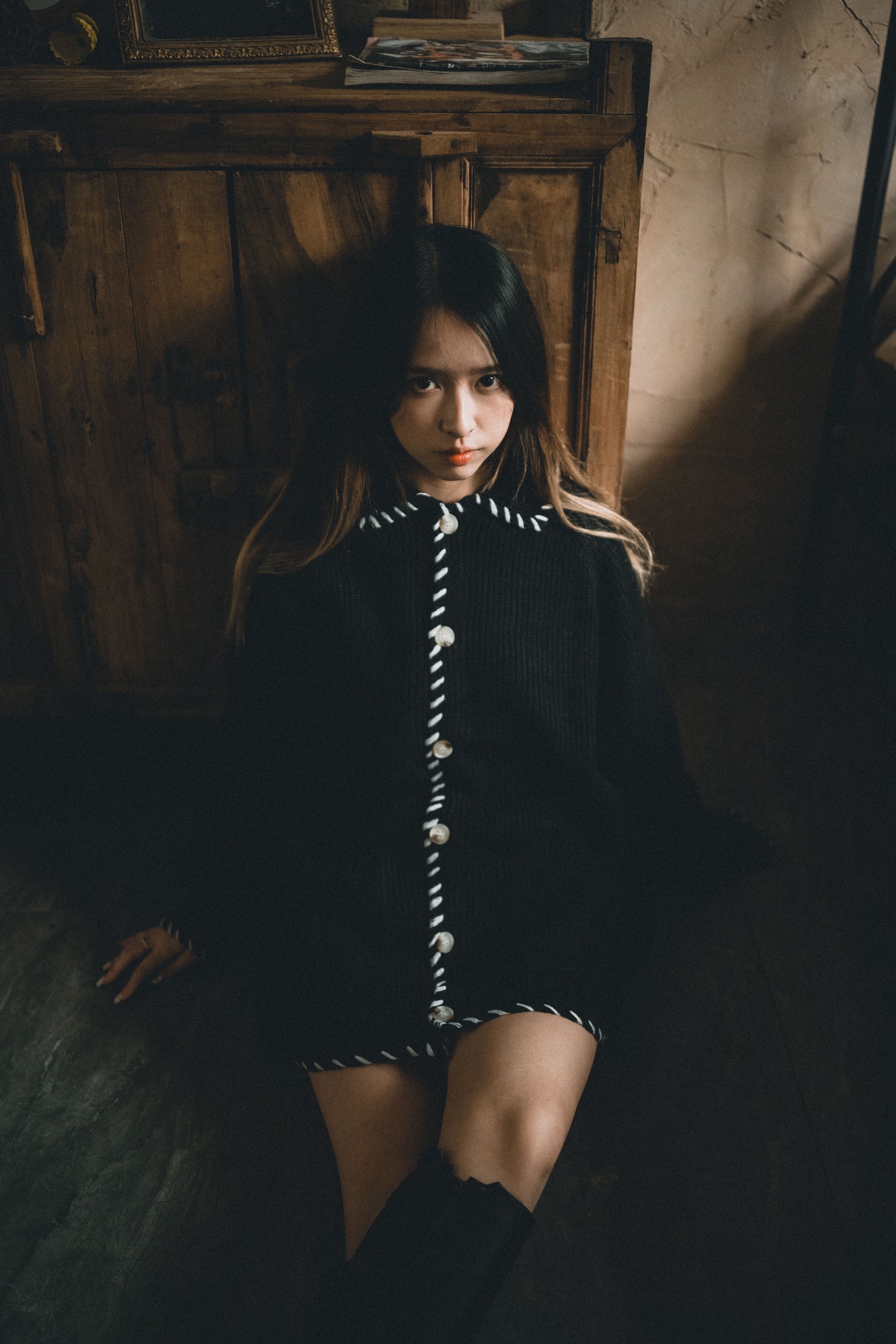 白色粗車線反領針織外套|2色入