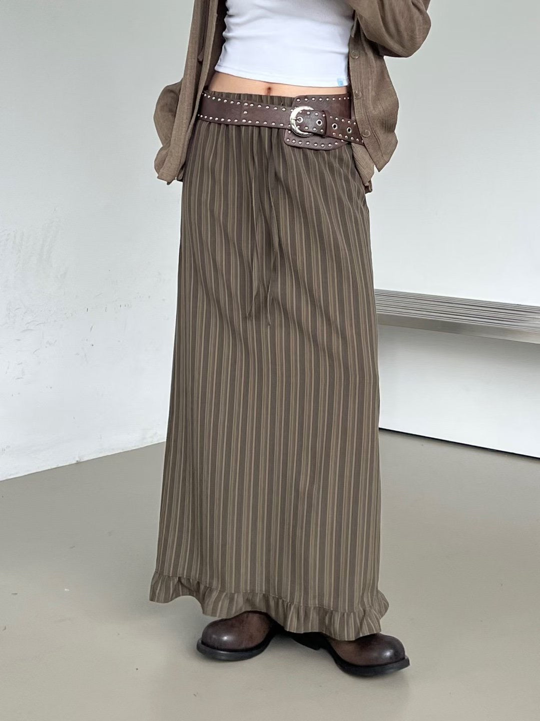 顯瘦直條紋後分岔半裙|2色入