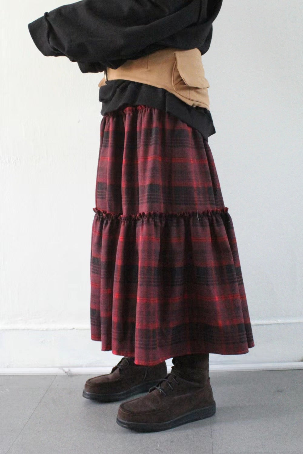 挺布料薄絨面冬日格紋半裙|2色入