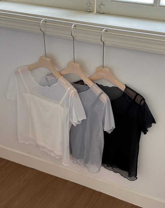 透膚捲邊上衣連內搭背心set|3色入