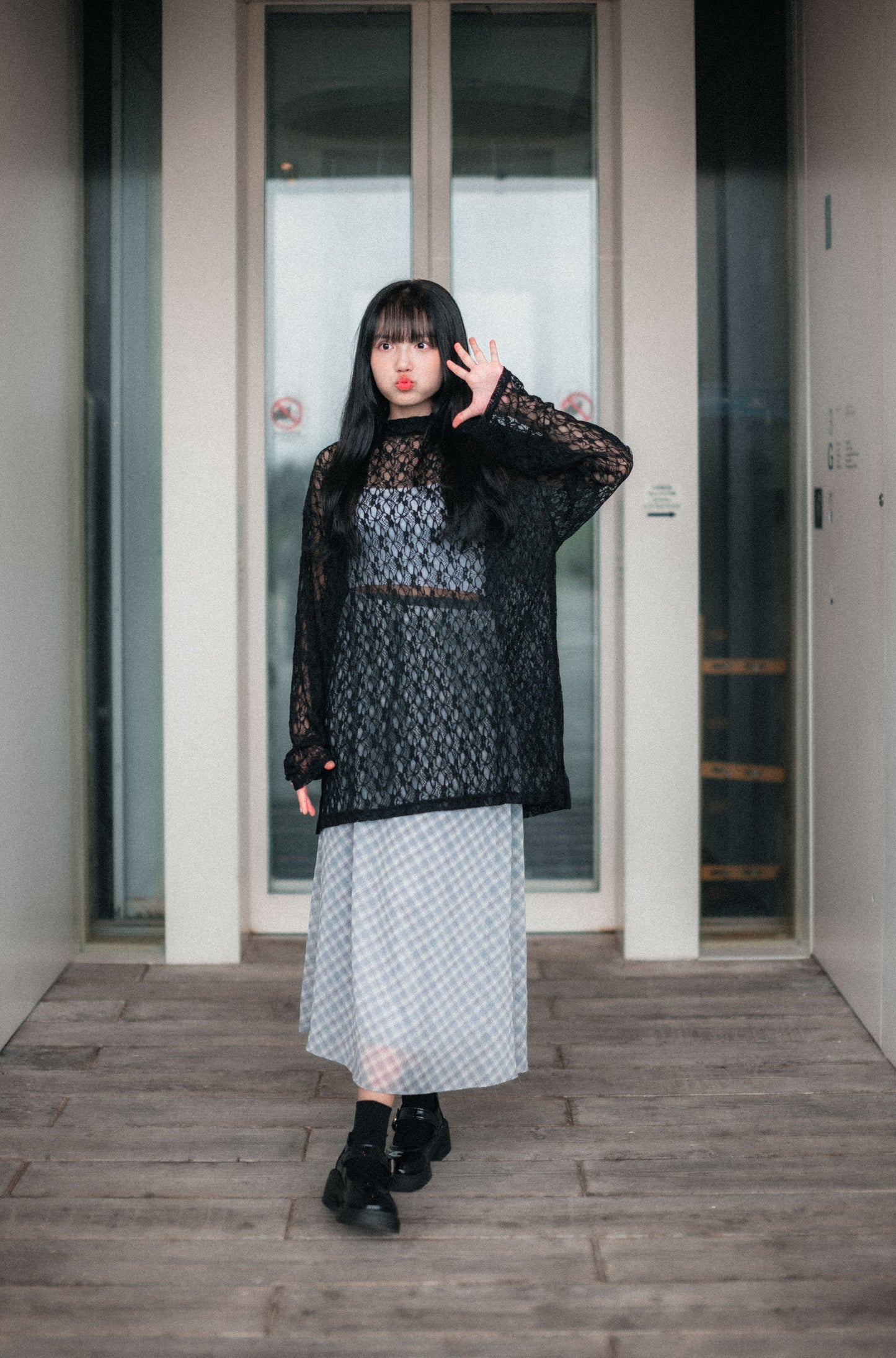 法式半透紗斜格紋半身裙|2色入