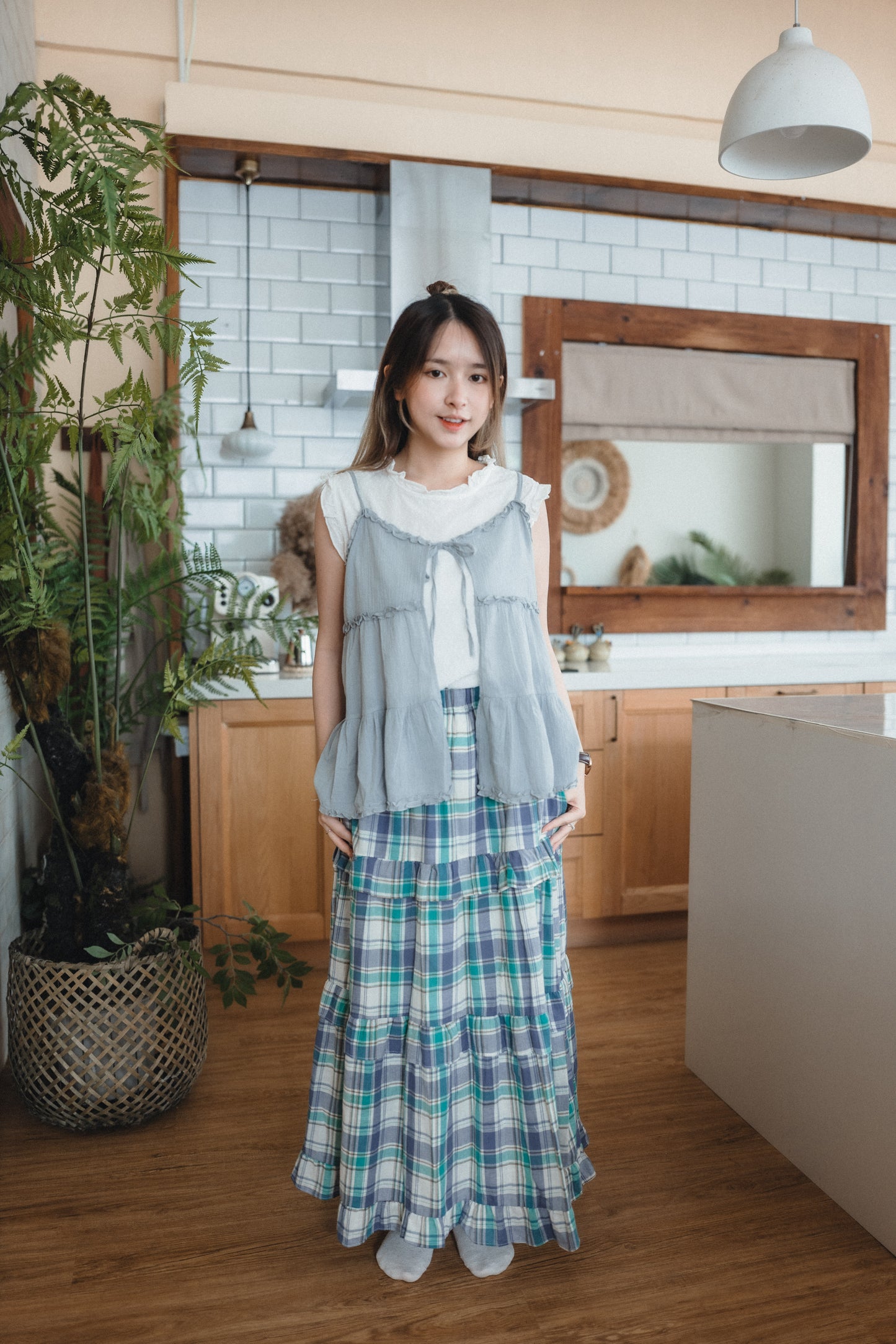 日系格子Ruffle邊大裙襬傘裙|2色入