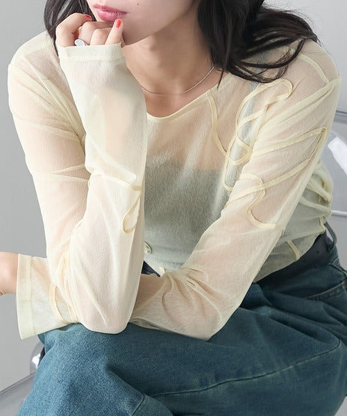 jp🇯🇵 立體線條刺繡透明長袖top|8色入
