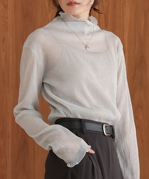 JP透明感🫧 細閃褶間透透高領上衣|2色入