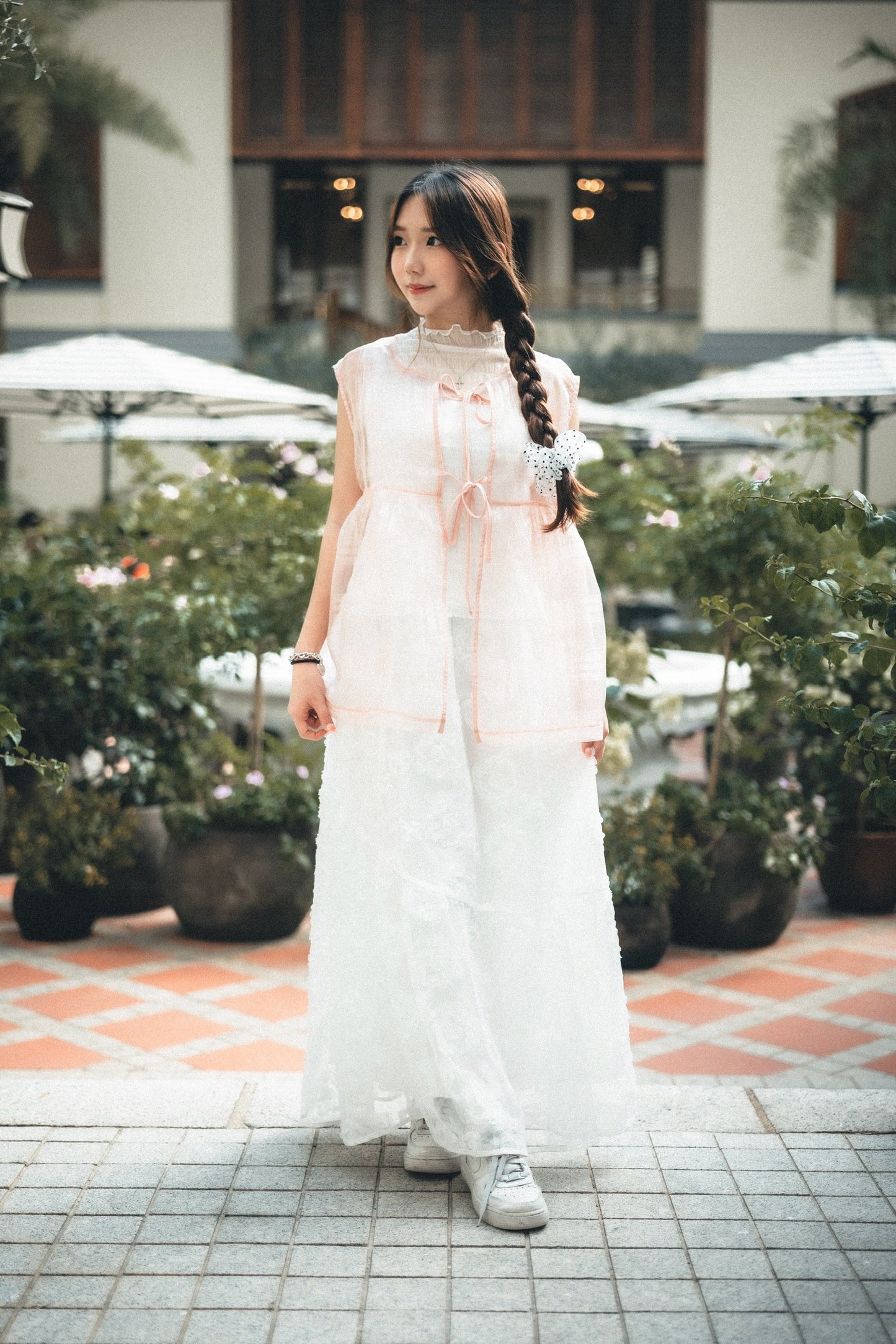 透紗珠光大格子紋背心layer|3色入