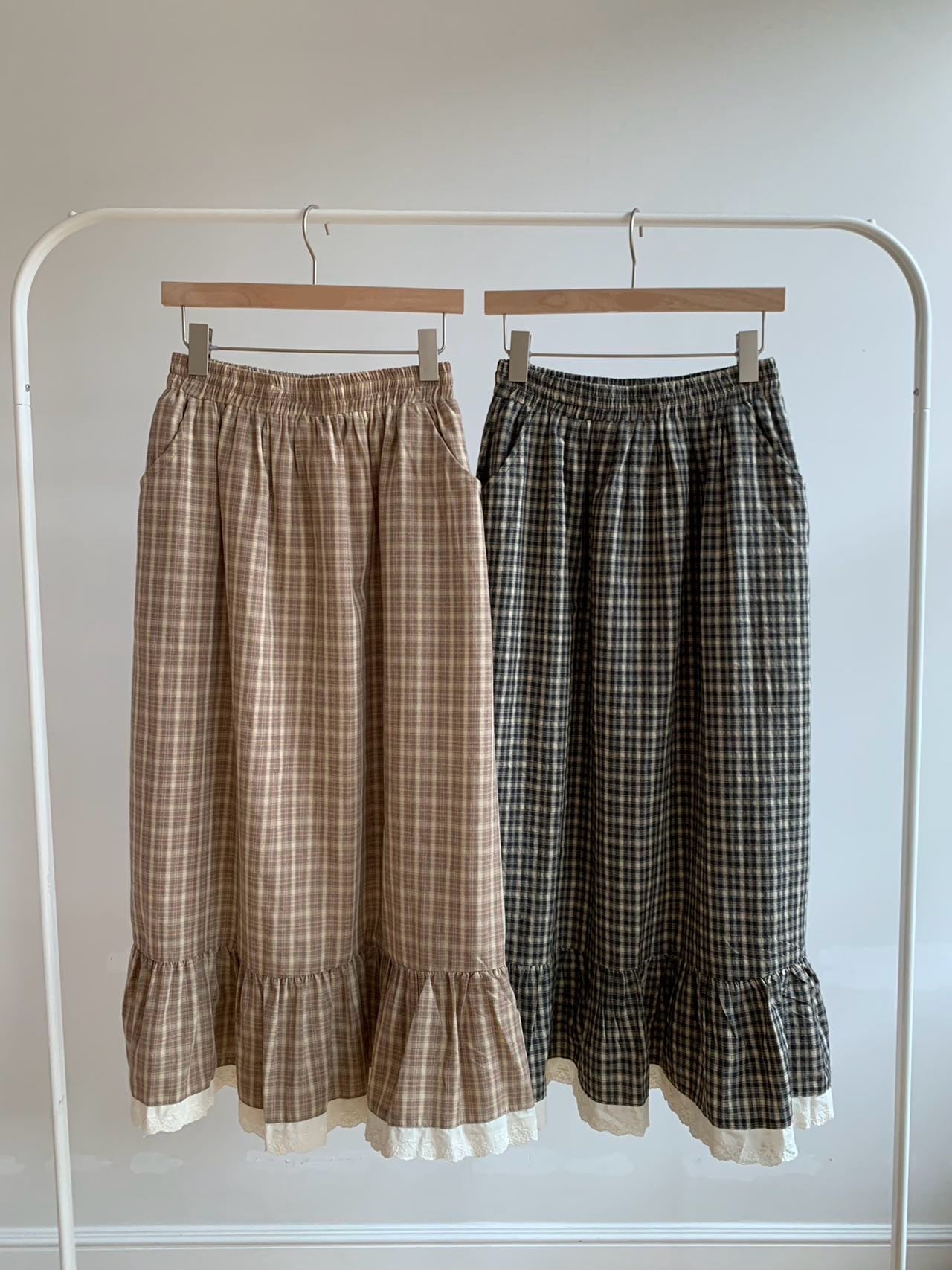 森系格子蝴蝶壓花蕾絲邊半身裙|2