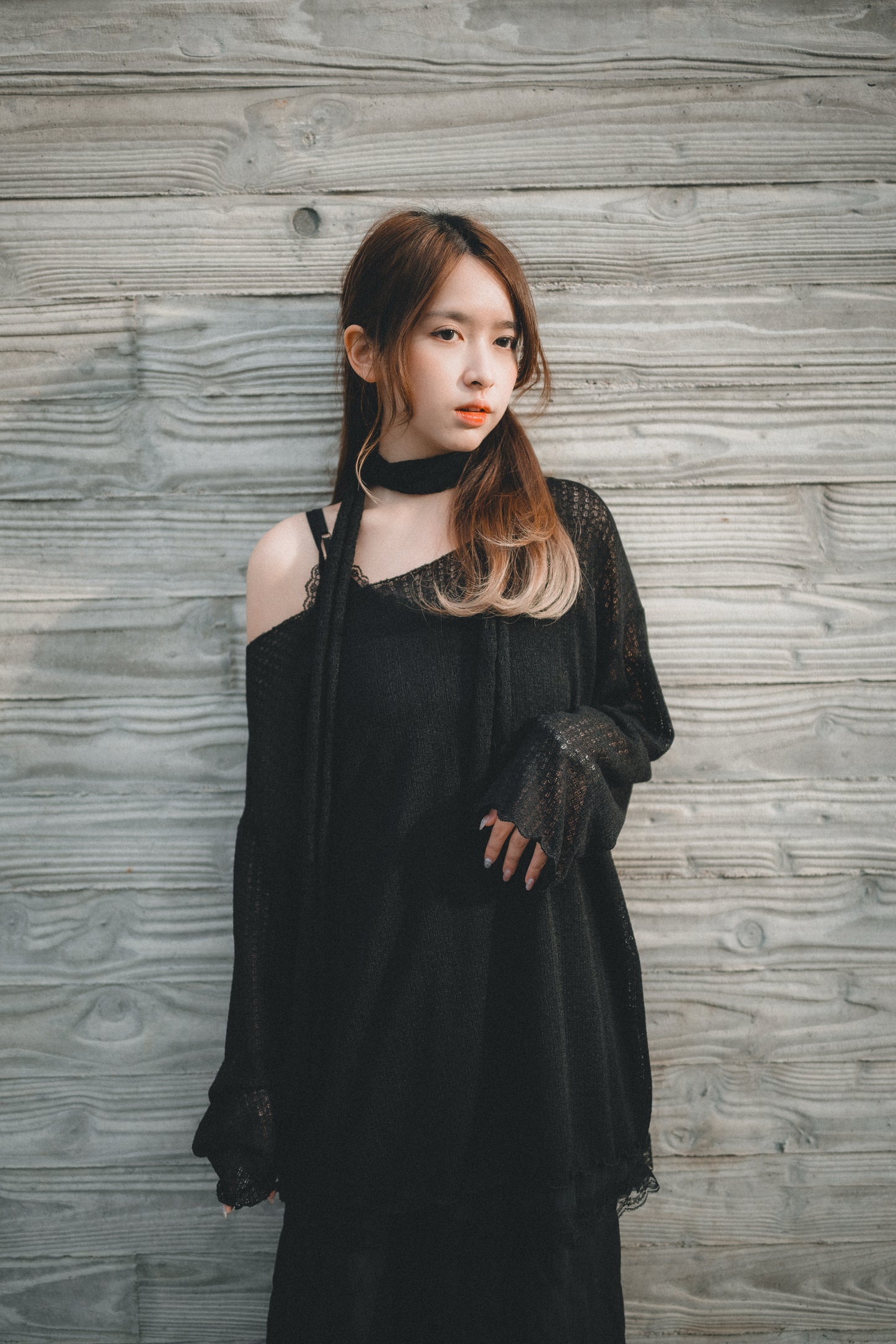 LOOSE FIT薄針織上衣 連圍巾set|3色入