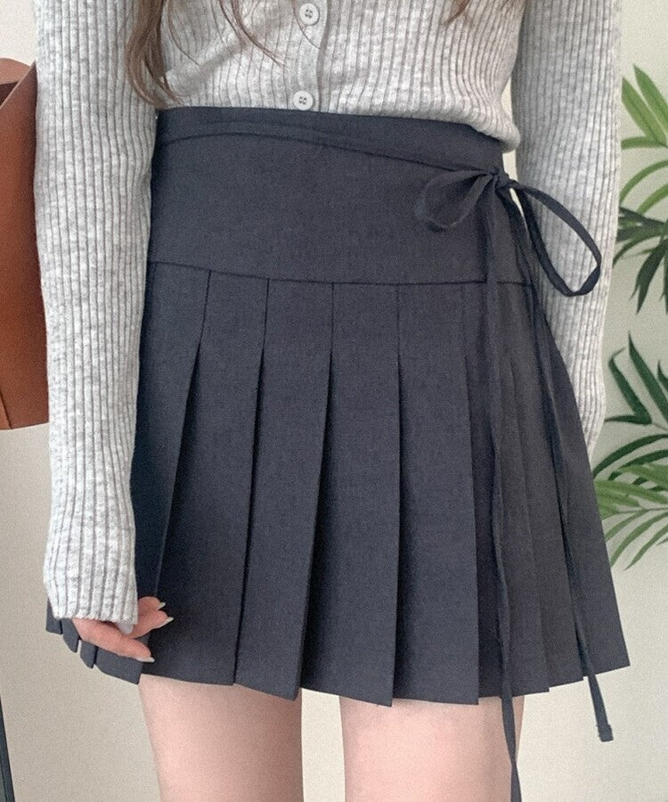 蝴蝶綁繩腰帶百褶短裙|2色入
