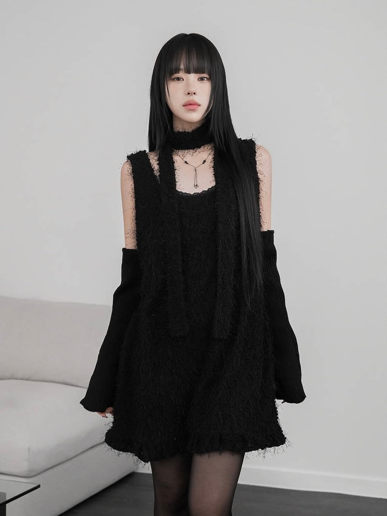 毛絨寬鬆方領無袖mini OPS|2色入