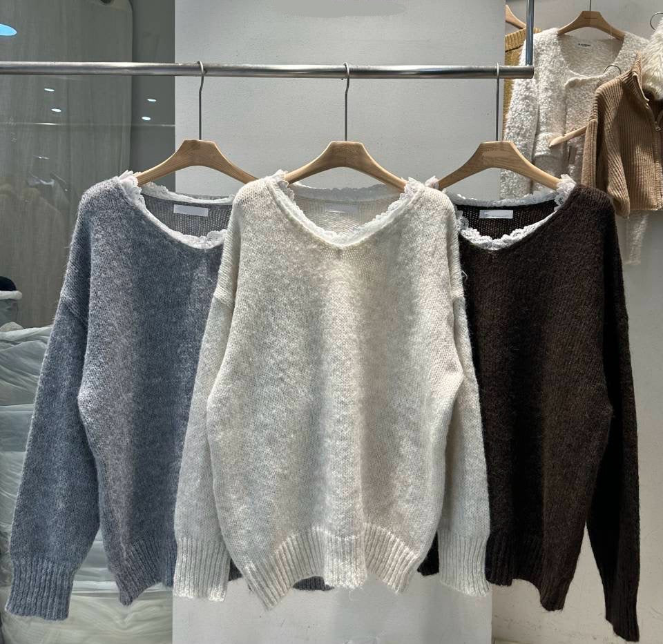 三分甜🍡軟糯Lace V領毛衣|3色入