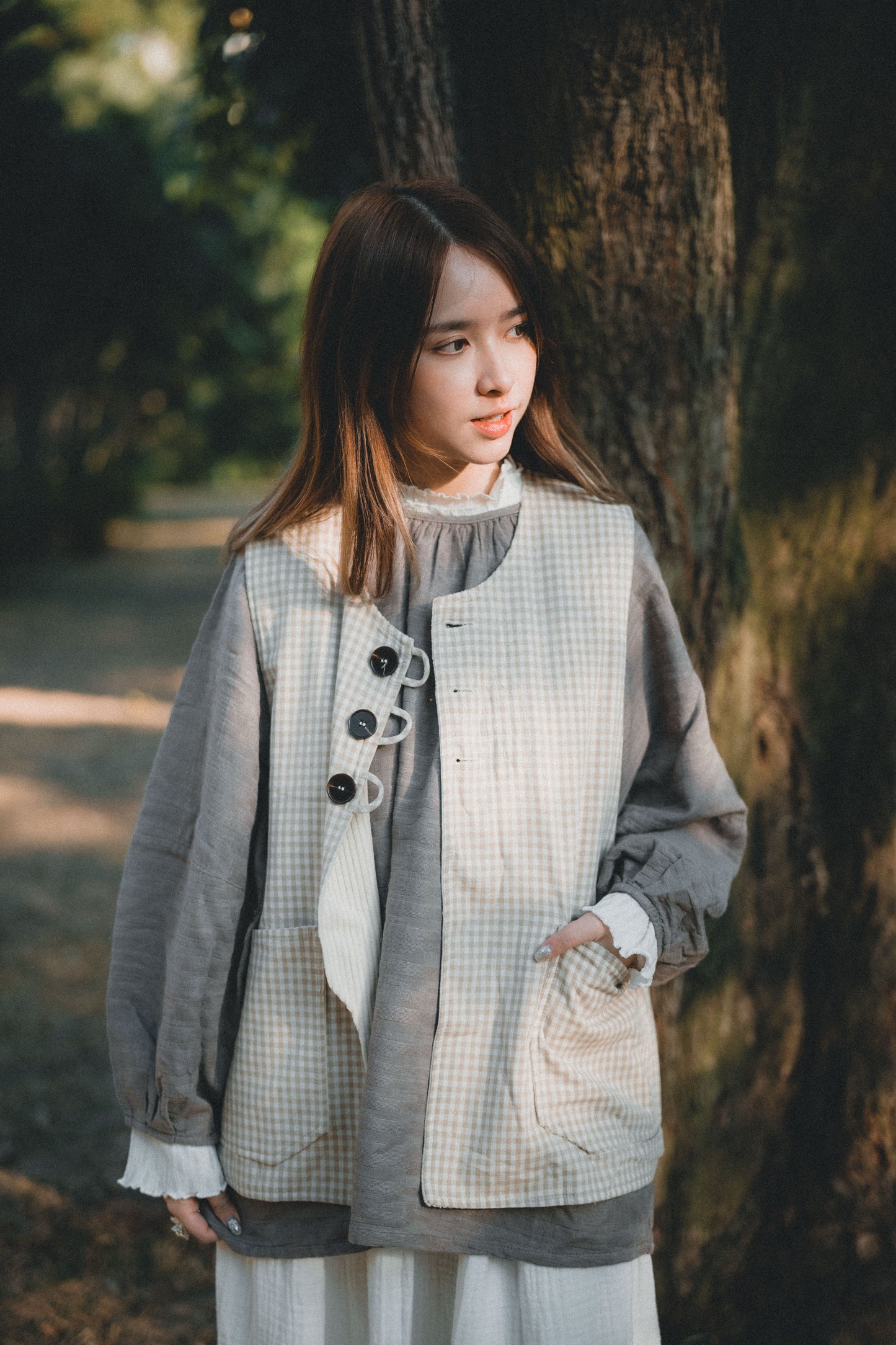 兩面穿QQ格仔鈕扣馬甲|2色入